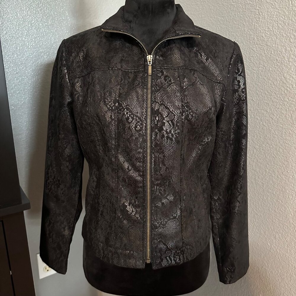 Linear Jacket Women's PS Petite Small Black Lace Print Zip‎ Up Long Sleeve Y2K